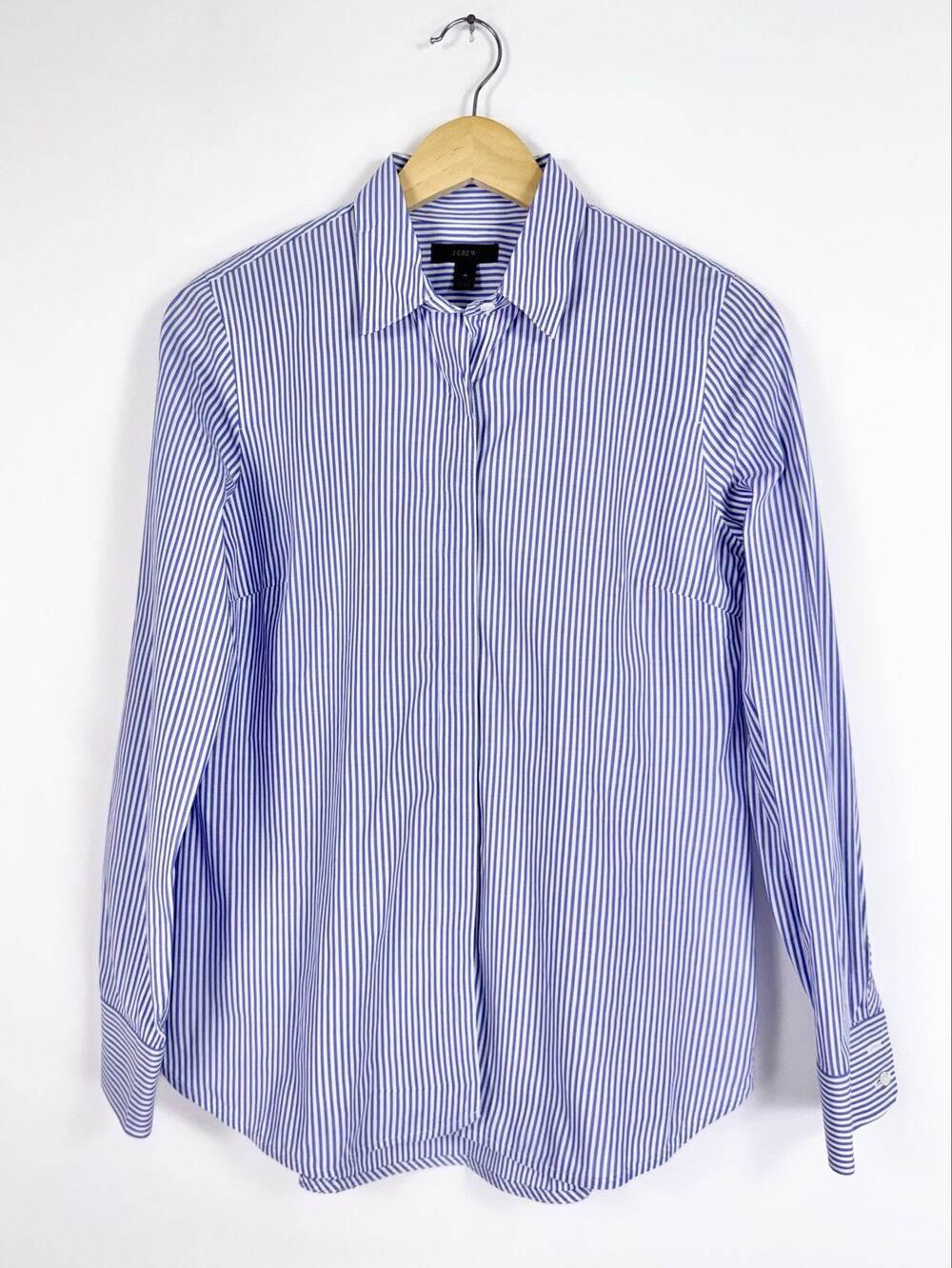 J Crew Stripe Cotton Poplin Dress Shirt Women's 4 Blue White Long Sleeve
